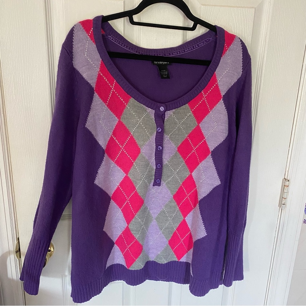 Lane Bryant 18/20 Purple Argyle Diamond 1/4 Button Front Sweater Knit Preppy Top